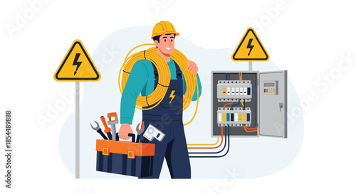 Professional electrician in a hard hat and uniform holding a toolbox and cables stands by an open electrical panel with warning signs.