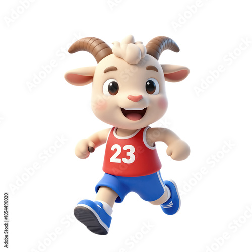 Happy cartoon goat character running in sports gear