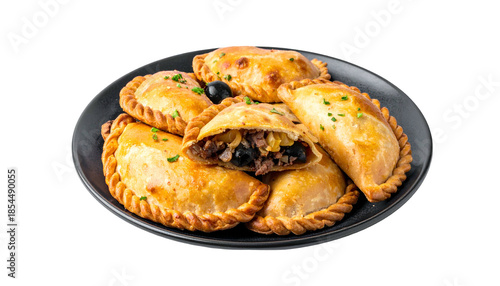 Golden, baked savory pastries filled with meat and olives on a dark plate, isolated