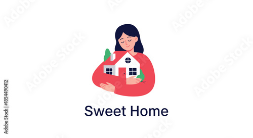 A smiling woman lovingly hugs a small house, symbolizing the concept of 'Sweet Home,' comfort, security, and love for one's home.
