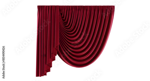 Luxurious red velvet draped stage curtains with elegant folds, a high-quality cut-out with transparency for cinema and theater backgrounds.