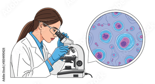 Female scientist in a lab coat and safety glasses uses a microscope to examine human cells, shown in a magnified circular view.