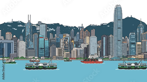 Vibrant Hong Kong Skyline Illustration: Iconic Victoria Harbour with Ferries and Modern Skyscrapers