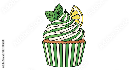 A delicious cupcake with green and white striped frosting, garnished with fresh mint leaves and a slice of lemon for a refreshing dessert.
