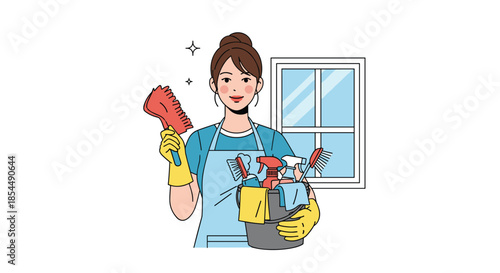 A cheerful young woman in an apron and gloves holds a bucket of cleaning supplies, ready to start house cleaning chores.