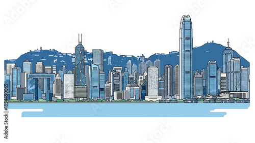 Modern Hong Kong Cityscape Illustration: Iconic Skyline, Skyscrapers & Victoria Harbour Panorama Vector Art