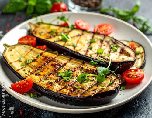 Grilled eggplant halves with tomatoes on a white plate
