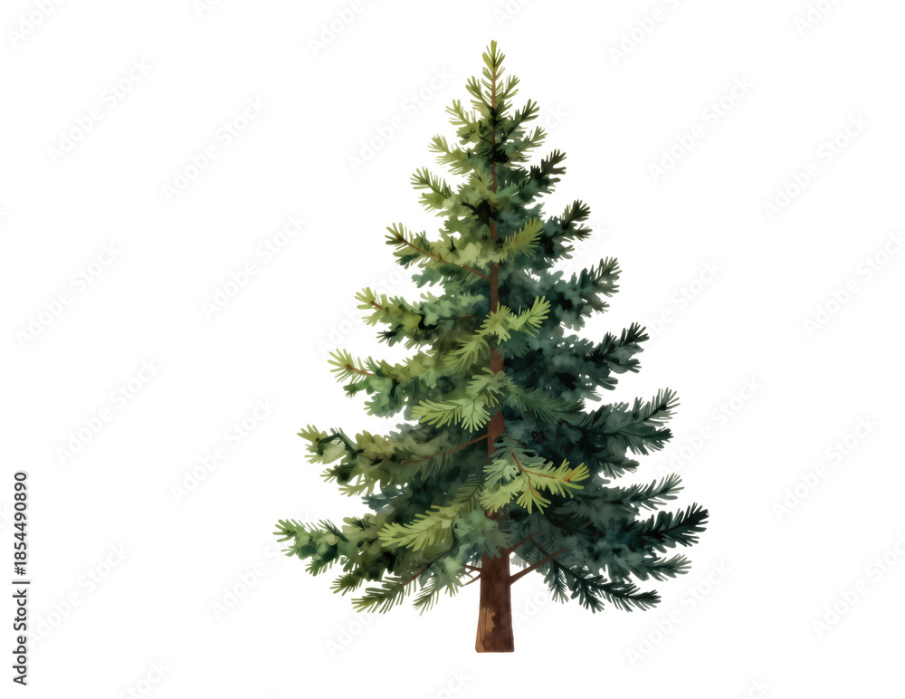 Fototapeta premium Tall pine tree with green needles and brown trunk