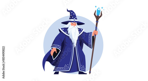 A classic cartoon wizard with a long white beard, wearing a pointed hat and robes, holds a magical staff with a glowing crystal.