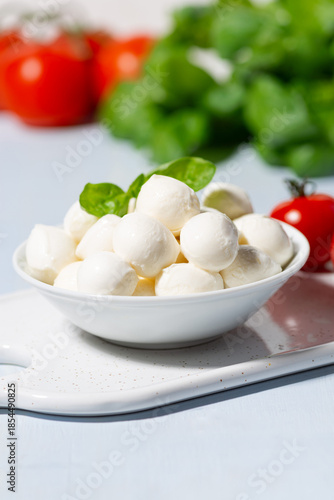 Fresh produce. Farm mozzarella in a bowl, ripe cherry tomatoes, and basil, vertical closeup