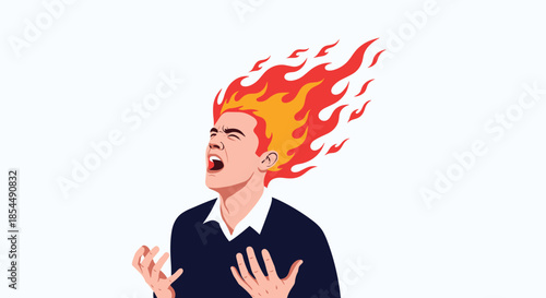 An illustration of a man screaming in anger or stress, with his hair turning into blazing red and orange flames of fire.