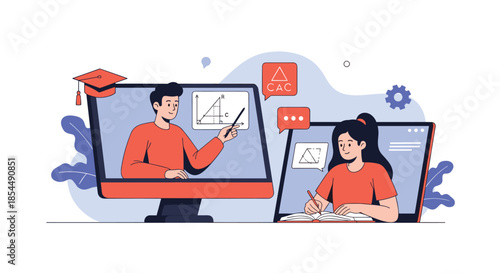 A male teacher on a computer screen explains a geometry lesson to a female student on a laptop, representing online education and e-learning.