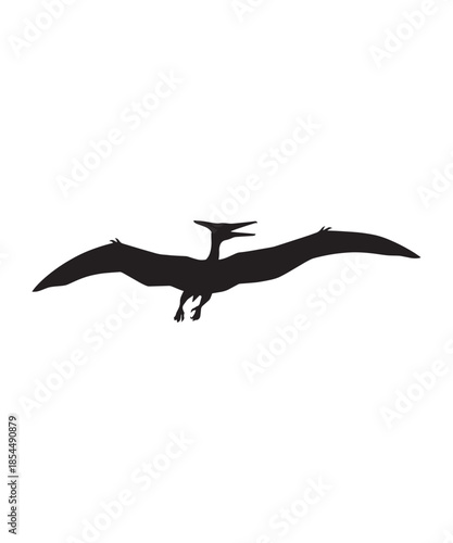 Minimalist black silhouette icon depicting a prehistoric pterodactyl dinosaur flying