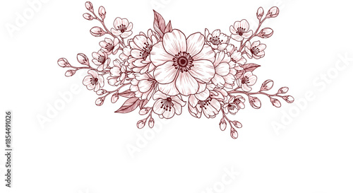 A delicate and intricate bouquet of hand-drawn flowers and branches in a monochrome red-brown ink, perfect for wedding invitations.