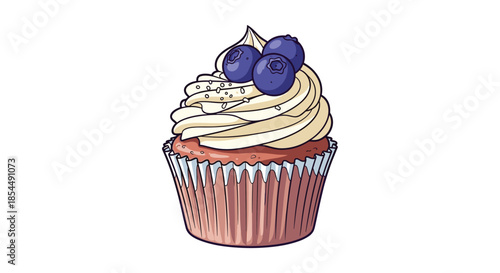 A delicious hand-drawn cupcake with white frosting, topped with fresh blueberries and sprinkles, ready for a birthday celebration.