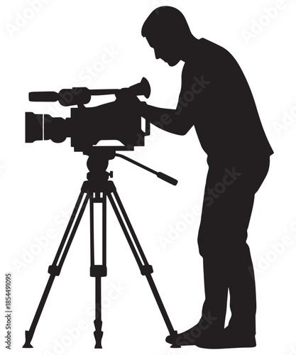 A silhouette illustration of a videographer operating a professional video camera on a tripod