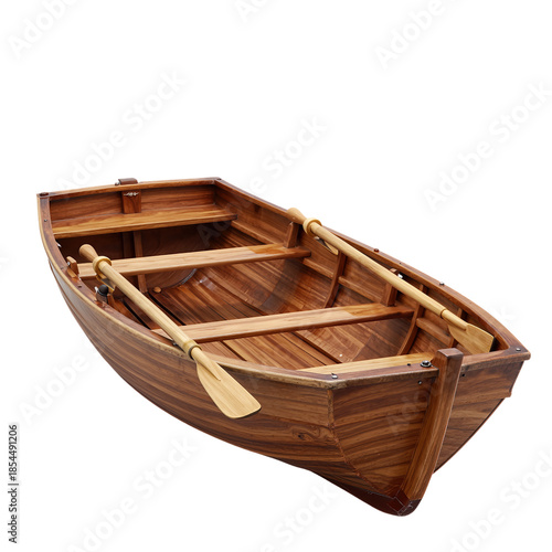 Wooden rowboat with oars and seating