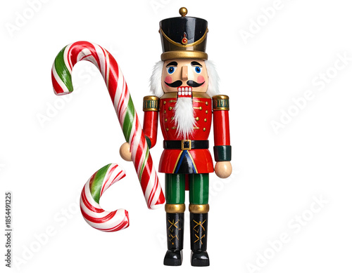 A festive wooden soldier figure holding a candy cane, isolated on a black background