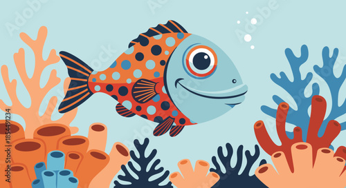 A cheerful, colorful cartoon fish with big eyes and polka dots swims happily among vibrant coral reefs in the blue ocean water.