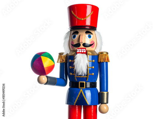 A festive wooden soldier figurine with a colorful ball, set against a black backdrop
