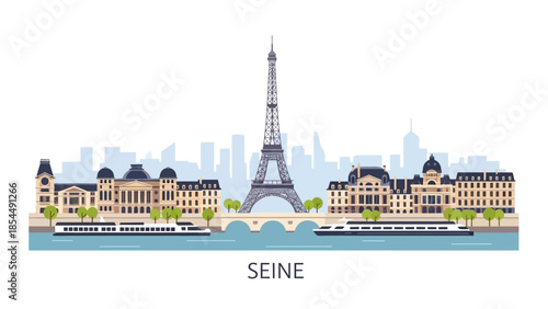 Paris Cityscape on Seine River with Eiffel Tower - Flat Design Travel Illustration