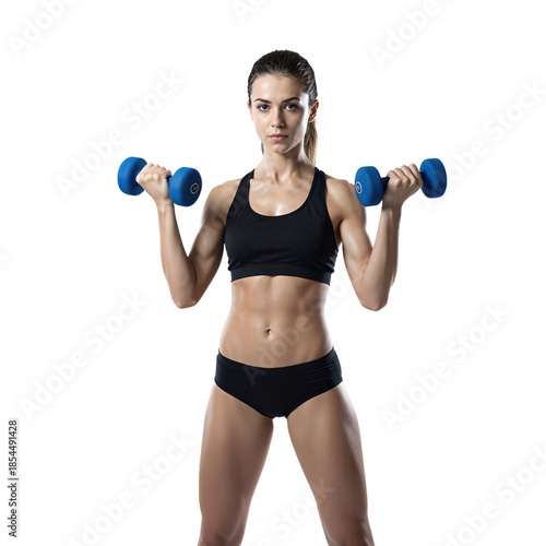 Young Fitness Woman Holding Blue Dumbbells