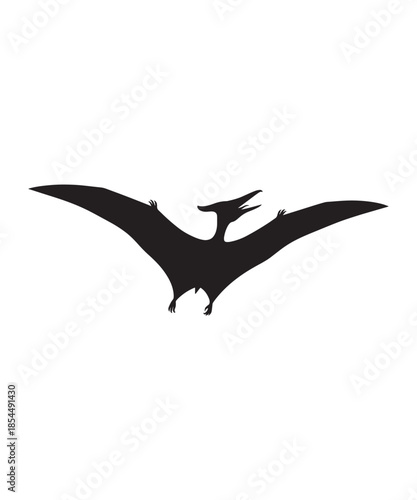 A stylized black silhouette of a prehistoric pterodactyl flying with wide wings