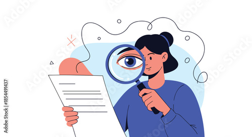 A woman uses a large magnifying glass to carefully inspect a document, symbolizing research, fact-checking, and attention to detail.