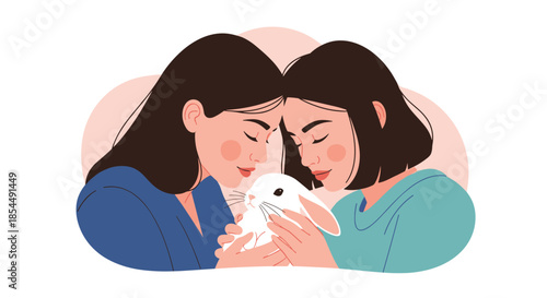 A tender portrait of a loving lesbian couple gently holding a small white rabbit, symbolizing care, love, and compassion for animals.