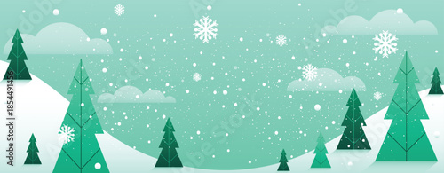 Winter Wonderland Landscape with Evergreen Trees and Falling Snowflakes, Festive Holiday Season Background Illustration