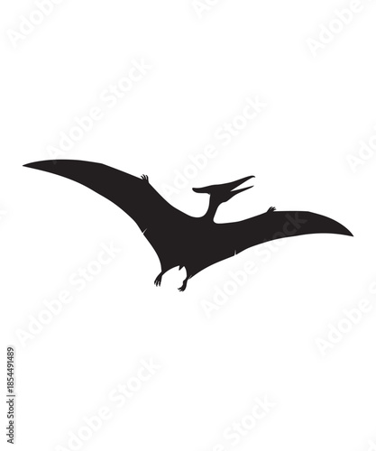 A black pterodactyl silhouette flying with outstretched wings, isolated on a white background.