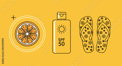 A set of minimalist line art summer beach essentials on a yellow background, including sunscreen, floral flip-flops, and a slice of orange.
