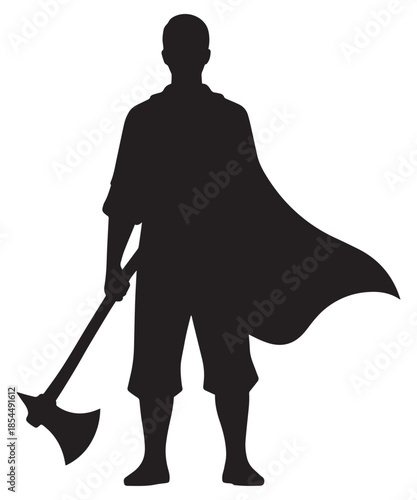 Brave warrior silhouette holding an axe with a flowing cape illustration