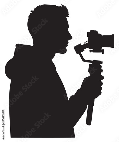 A silhouette vector illustration featuring a male videographer capturing footage with a camera stabilizer