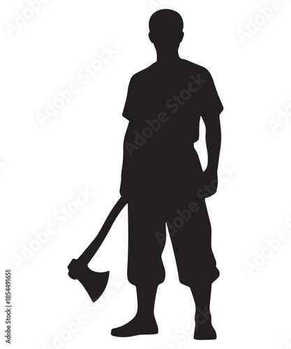 Full length silhouette of a man standing and holding an axe in a ready stance