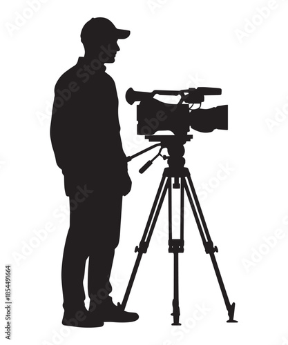 Silhouette illustration of a cameraman standing next to a professional video camera on a tripod