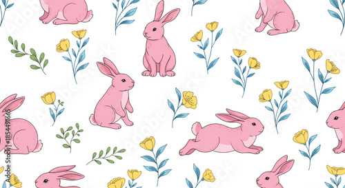 A sweet and gentle seamless pattern featuring cute pink rabbits in various poses among yellow flowers and green leaves on a white background.