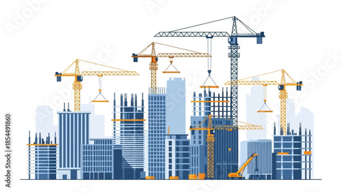 Dynamic City Construction Site with Tower Cranes, Buildings Under Development. Urban Growth, Real Estate & Infrastructure Vector Illustration.