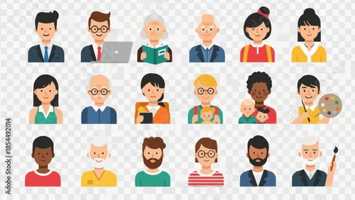 Diverse Group of People Avatars Representing Different Ages and Professions.