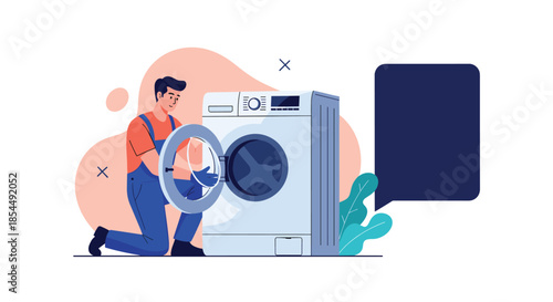 A professional repairman in overalls kneels to fix a broken washing machine, with a speech bubble for service information or quotes.
