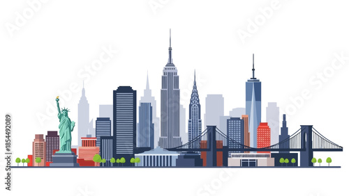Iconic New York City Skyline Vector Illustration. Famous NYC Landmarks: Statue of Liberty, Empire State Building, Chrysler Building, Brooklyn Bridge.