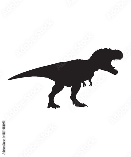 A minimalist black silhouette illustration of a tyrannosaurus rex standing in profile view.
