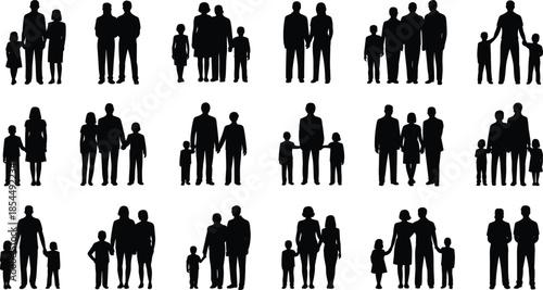 Family silhouettes set, parents and children standing together, diverse household groups, people icons collection, isolated black figures, community concept illustration, social relationship design