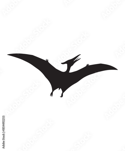 A black pterodactyl silhouette flying vector graphic design element icon on white background