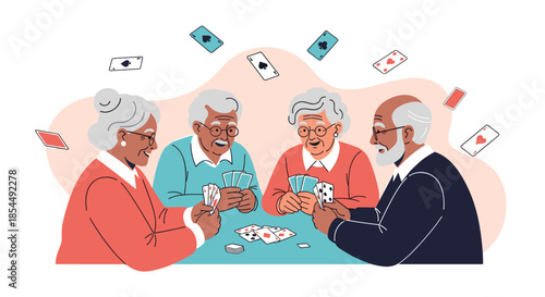 A diverse group of happy senior friends enjoys a lively game of cards together around a table, illustrating an active social life in retirement.