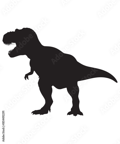A fearsome black silhouette of a tyrannosaurus rex dinosaur icon standing on a white background