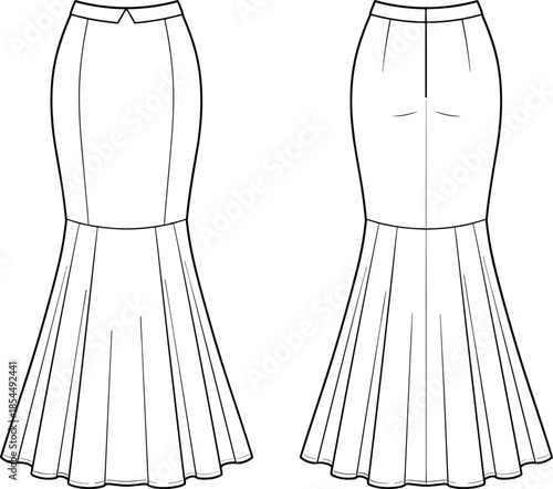 PrintTechnical Flat Sketch of Women's Mermaid Maxi Skirt with Godet Panels, High Waistband, Back Zipper, and Flared Hem for Fashion Design