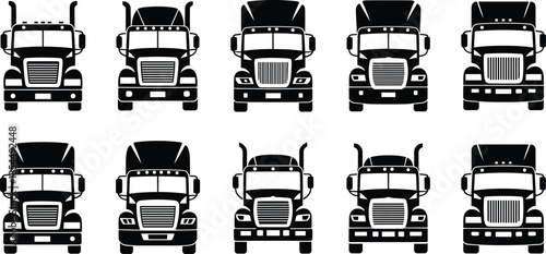 Front view semi truck icons collection, modern cargo transport vehicles, logistics freight transportation concept, flat design illustration set, commercial delivery trucking industry