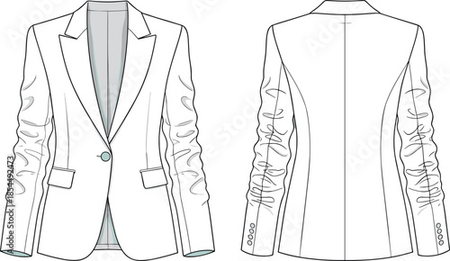 Technical Flat Sketch of Women's Tailored Blazer with Ruched Sleeves, Single Button Closure, Notch Lapel, and Flap Pockets for Design
