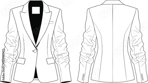 PrintTechnical Flat Sketch of Women's Tailored Blazer with Ruched Sleeves, Single Button Closure, Notch Lapel, and Front Flap Pockets Detail